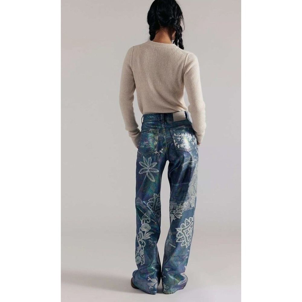 Free People We The Free Tinsley Baggy Iridescent Lace High Rise Jeans 25 - Picture 2 of 12